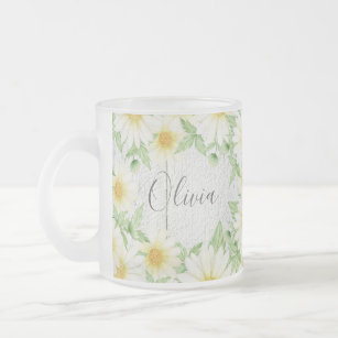 Floral White Daisies Name Watercolor Frosted Glass Coffee Mug