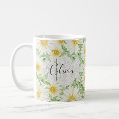 Floral White Daisies Name Watercolor Coffee Mug