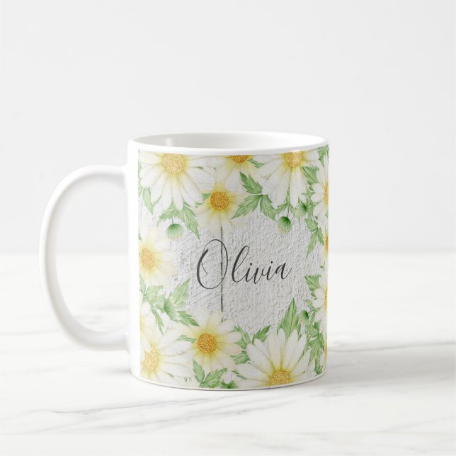 Floral White Daisies Name Watercolor Coffee Mug (Left)