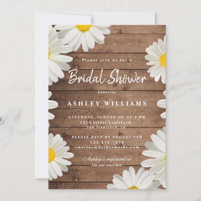 Floral White Daisies Rustic Wood Bridal Shower Invitation (Front)