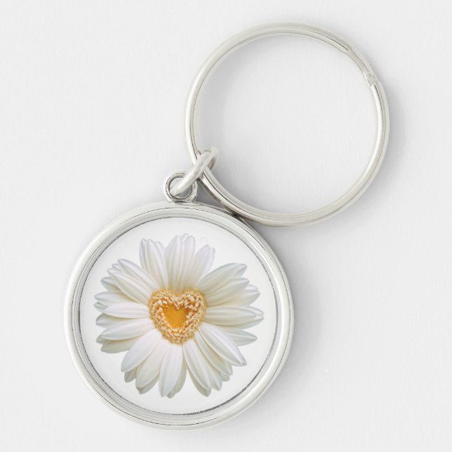 Floral White Daisy Flower Yellow Heart Keychain (Front)