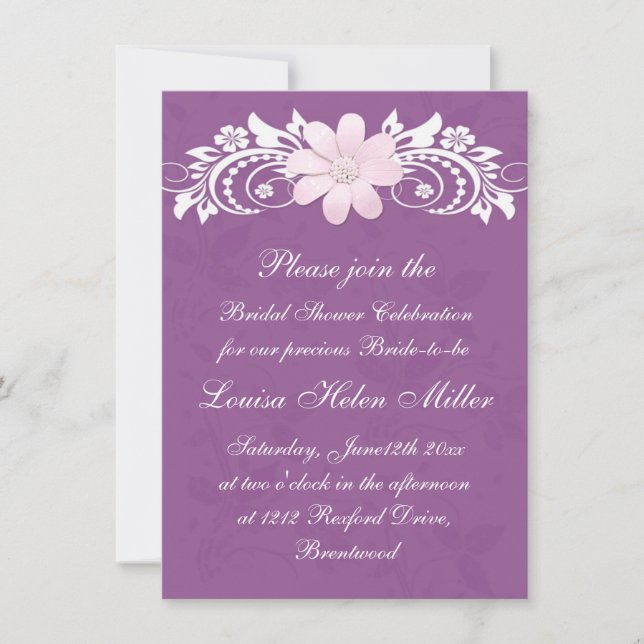Floral white daisy gerbera on purple Bridal Shower Invitation (Front)