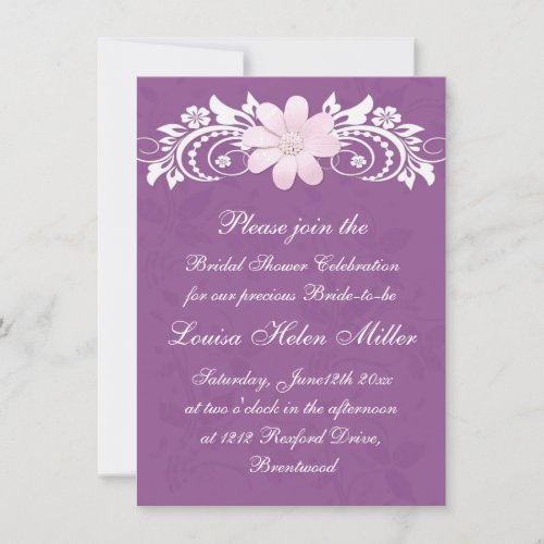 Floral white daisy gerbera on purple Bridal Shower Invitation