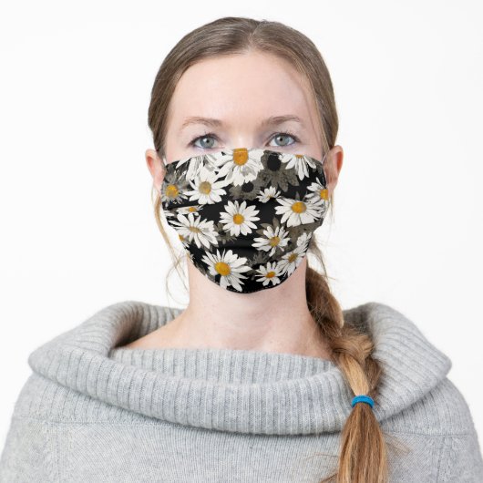 Floral White Daisy on Black Pattern Adult Cloth Face Mask (Worn)