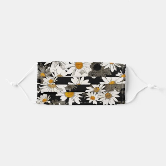 Floral White Daisy on Black Pattern Adult Cloth Face Mask (Front, Folded)