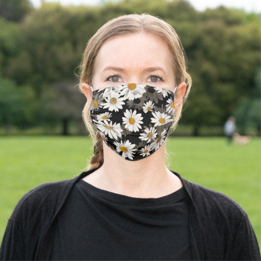 Floral White Daisy on Black Pattern Adult Cloth Face Mask (Outside)