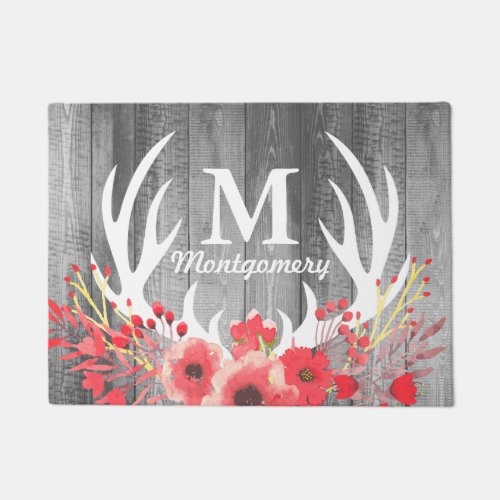 Floral White Deer Antlers  Gray Wood Planks Doormat