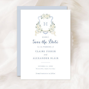 Floral White Dusty Blue Crest Save the Date Invitation