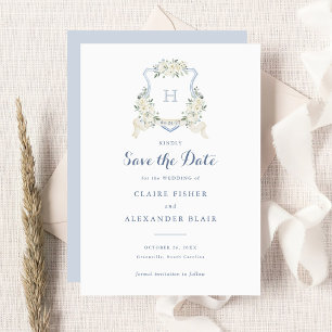 Floral White Dusty Blue Crest Save the Date Invitation