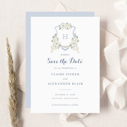 Floral White Dusty Blue Crest Save the Date Invitation