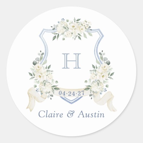 Floral White Elegant Dusty Blue Crest Envelope Classic Round Sticker