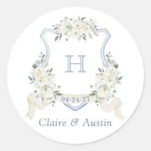 Floral White Elegant Dusty Blue Crest Envelope Classic Round Sticker