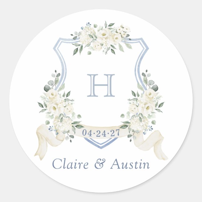 Floral White Elegant Dusty Blue Crest Envelope Classic Round Sticker (Front)