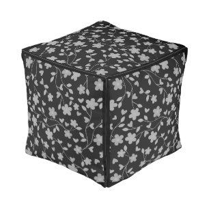 Floral White Flowers on Black Home Decor Cube Pouf