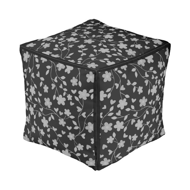 Floral White Flowers on Black Home Decor Cube Pouf (Angled Back)