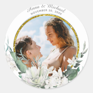 *~* Floral White Flowers Wedding PHOTO Classic Round Sticker
