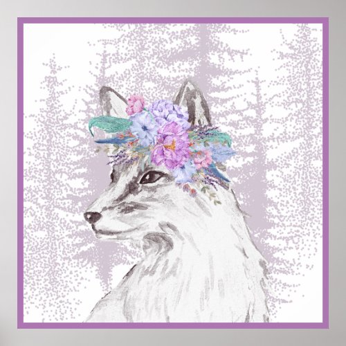 Floral White Fox 32x32 Wall Poster