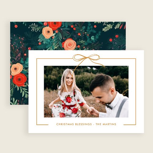 Floral White Gold Bow Framed Photo Christmas  Holiday Card