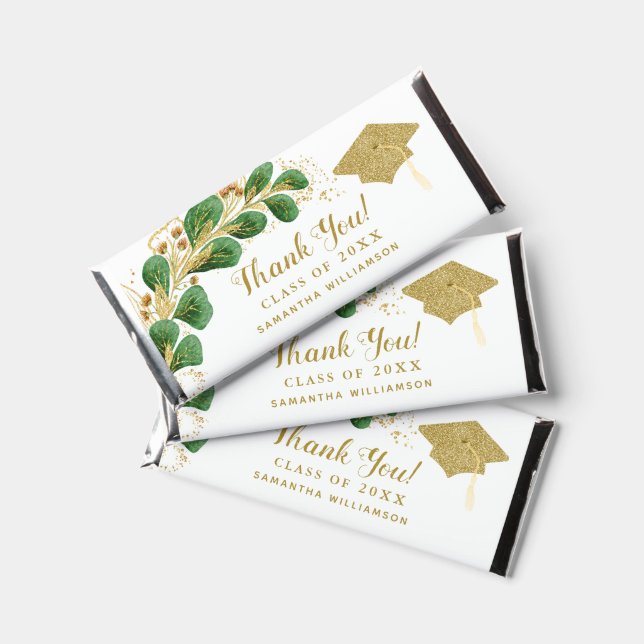Floral White Gold Green Thank You 2025 Graduation Hershey Bar Favors (Front)
