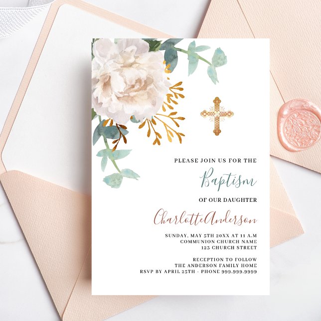 Floral white greenery gold cross baptism invitation (Creator Uploaded)