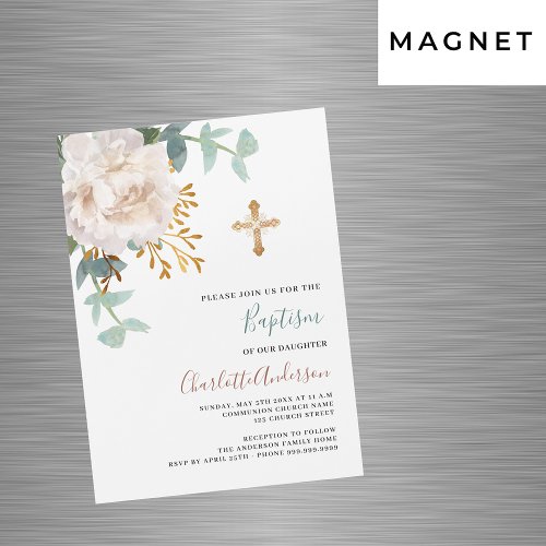 Floral white greenery gold cross luxury baptism magnetic invitation