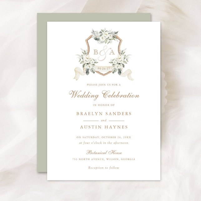 Floral White Greenery Monogram Crest Wedding Invitation (Creator Uploaded)