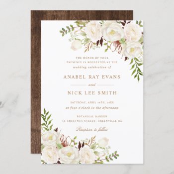 Floral White Greenery Rustic Wood Wedding Invitation by HannahMaria at Zazzle