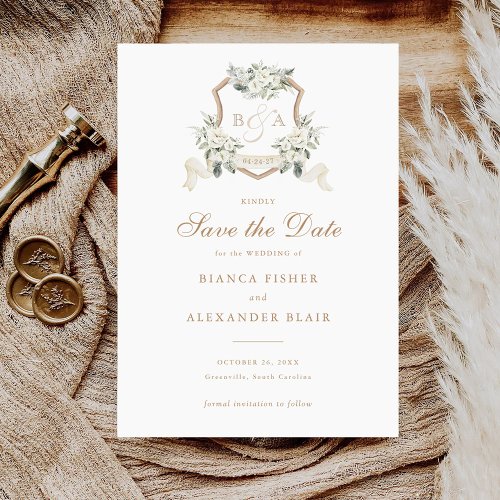 Floral White Greenery Sage Crest Save the Date Invitation