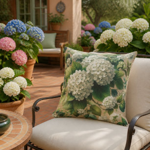 Floral White Hydrangea Blooms and Green Leaves Outdoor Pillow