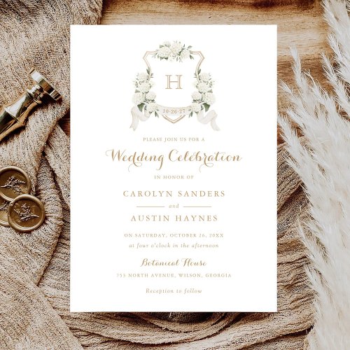 Floral White Hydrangea Crest Gold Monogram Wedding Invitation