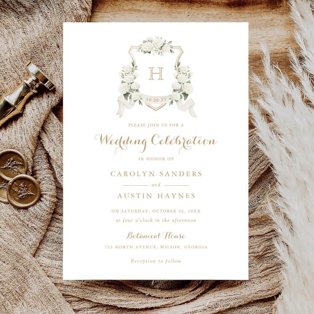 Floral White Hydrangea Crest Gold Monogram Wedding Invitation (Creator Uploaded)