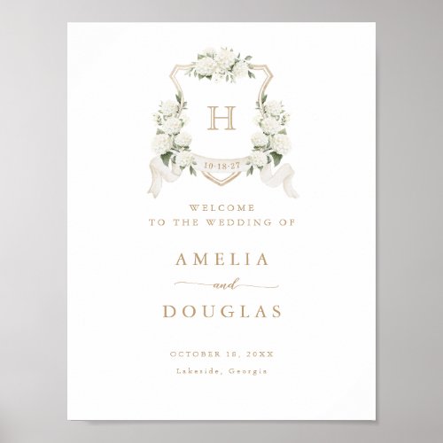 Floral White Hydrangea Crest Monogram Welcome Sign