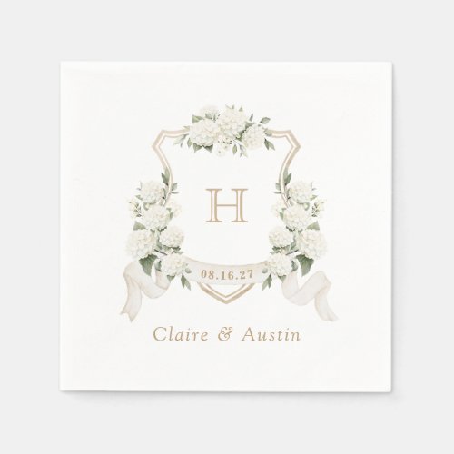 Floral White Hydrangea Crest Wedding Monogram Napkins