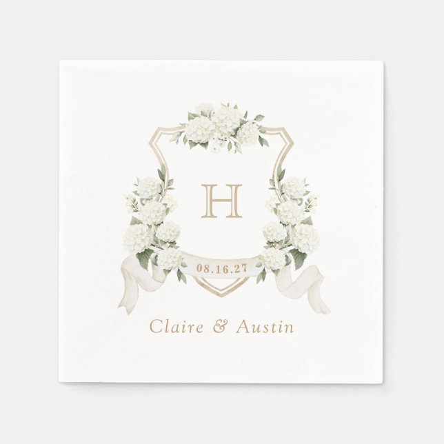 Floral White Hydrangea Crest Wedding Monogram Napkins (Front)