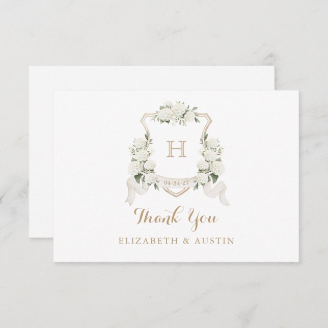 Floral White Hydrangea Crest Wedding Monogram Thank You Card (Front/Back)