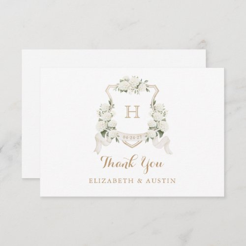 Floral White Hydrangea Crest Wedding Monogram Thank You Card
