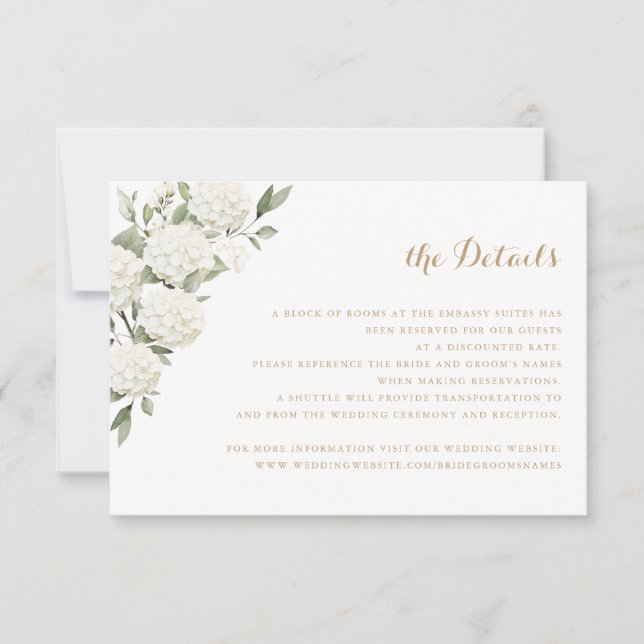 Floral White Hydrangea Greenery Wedding Details Invitation (Front)