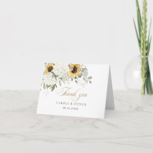 Floral White Hydrangea Sunflowers Greenery Wedding Letterpress Thank You Card