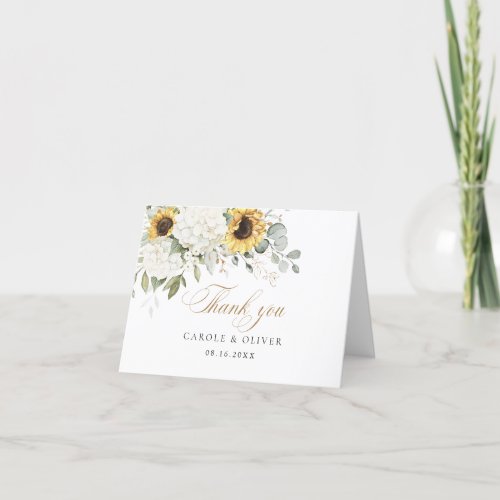 Floral White Hydrangea Sunflowers Greenery Wedding Thank You Card