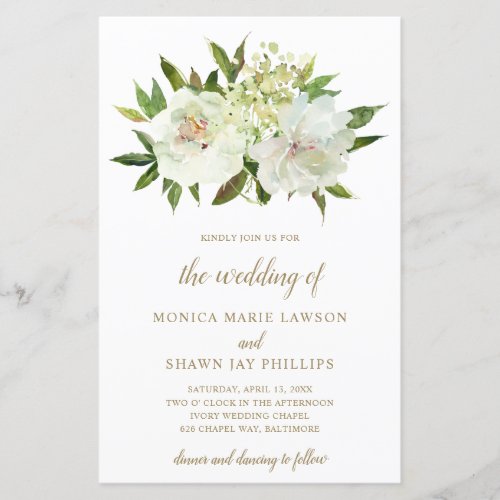 Floral White Ivory Gold Budget Wedding Invitation