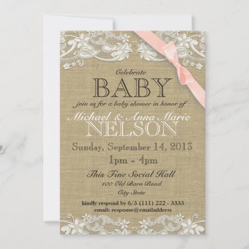 Floral White Lace and Bow Baby Shower Blush Pink Personalized Invites
