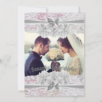 Floral White Lace Wedding Photo Invitation by personalized_wedding at Zazzle