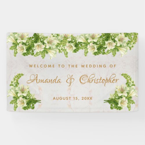 Floral White Lilies Marble  Script Wedding Welcome Banner