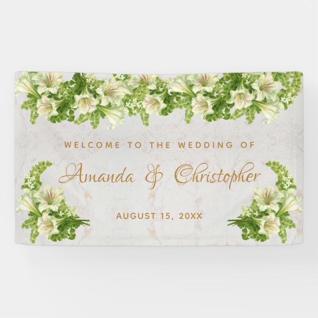 Floral White Lilies Marble  Script Wedding Welcome Banner (Horizontal)