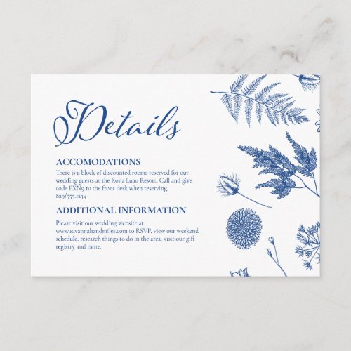 Floral White  Marseille Blue Wedding Details Enclosure Card