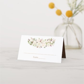 Floral White Neutral Greenery Elegant Place Card by HannahMaria at Zazzle