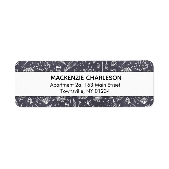 Floral White on Black Line Drawing Address Label (Front)