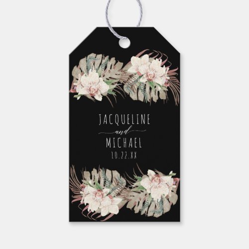 Floral White Orchid Beach Palm Foliage Black Gift Tags