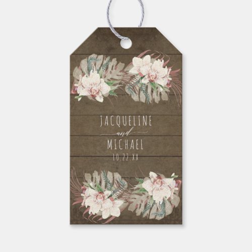 Floral White Orchid Rustic Wood Beach Palm Leaves Gift Tags