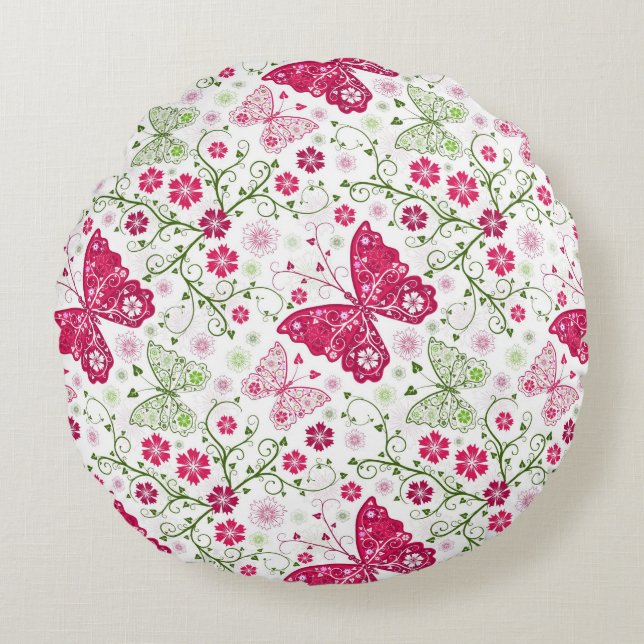 Floral White Pattern Round Pillow (Front)